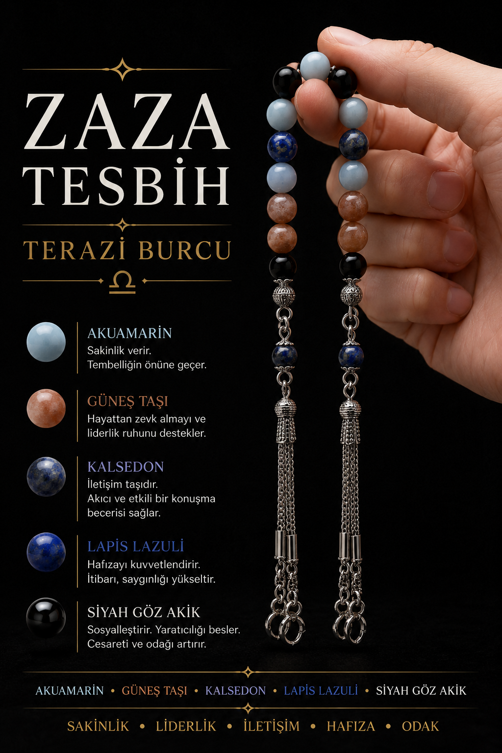 Terazi Burcu Zaza Tesbih Doğal Taş Akuamarin, Güneş Taşı, Kalsedon, Lapis Lazuli, Siyah Göz Akik