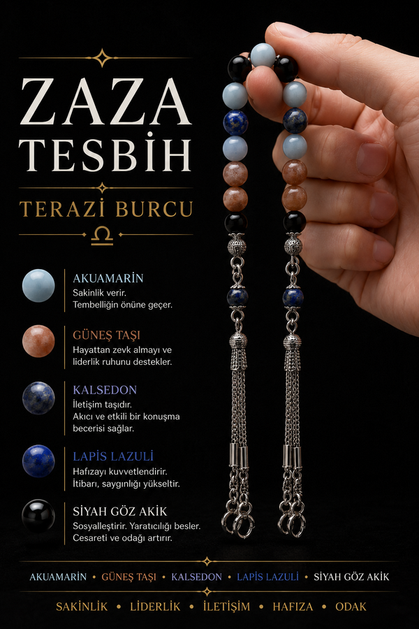 Terazi Burcu Zaza Tesbih Doğal Taş Akuamarin, Güneş Taşı, Kalsedon, Lapis Lazuli, Siyah Göz Akik